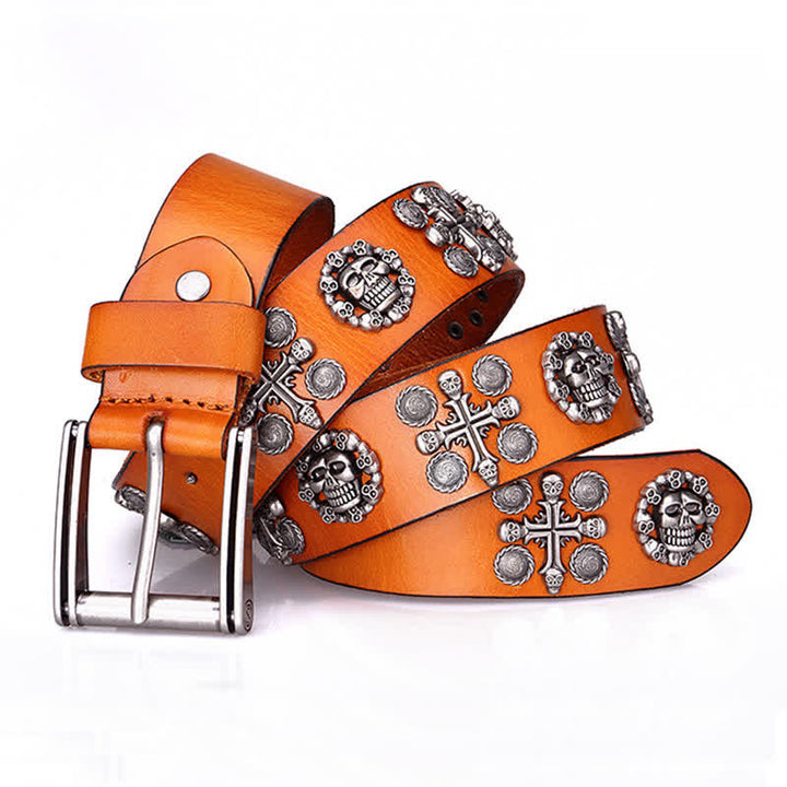 Heavy Metal Rivet Skull Cross Pattern Leather Belt - Orange - 44 - image 17