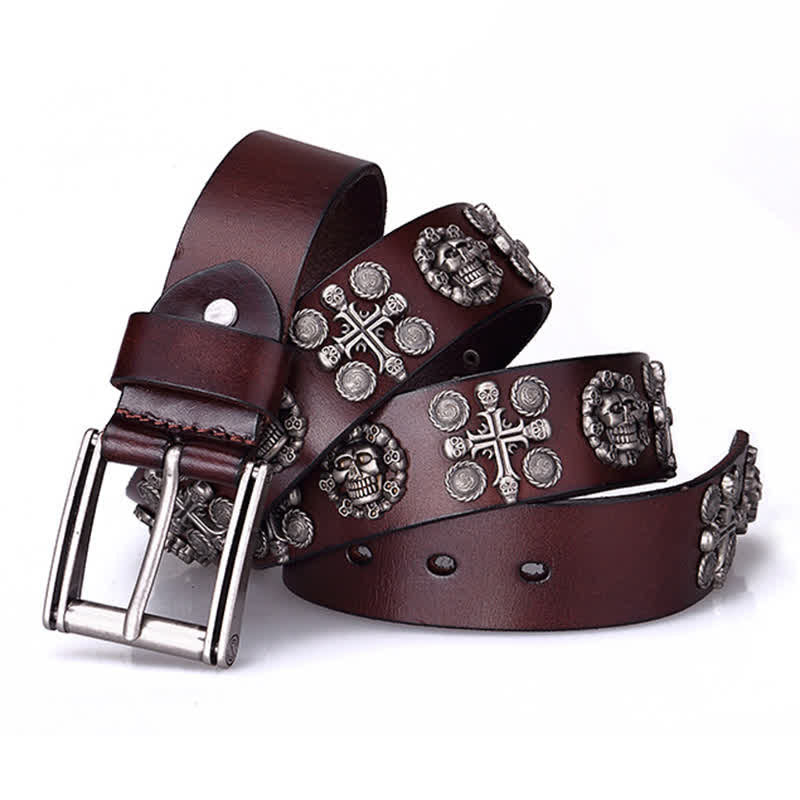 Heavy Metal Rivet Skull Cross Pattern Leather Belt - Reddish-Brown - 44 - image 0