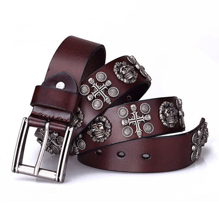 Heavy Metal Rivet Skull Cross Pattern Leather Belt - Reddish-Brown - 44 - image 0