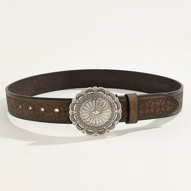 Western Carving Concho Buckle Embossed Leather Belt - image 2