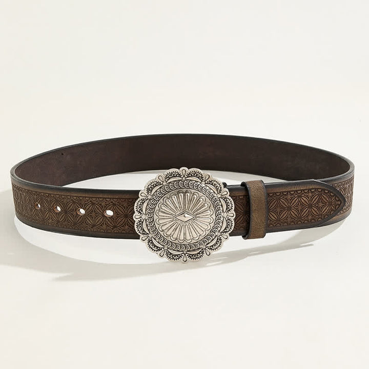 Western Carving Concho Buckle Embossed Leather Belt - image 2