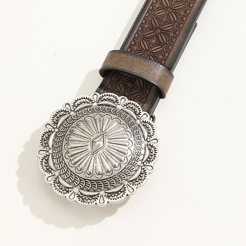 Western Carving Concho Buckle Embossed Leather Belt - image 1