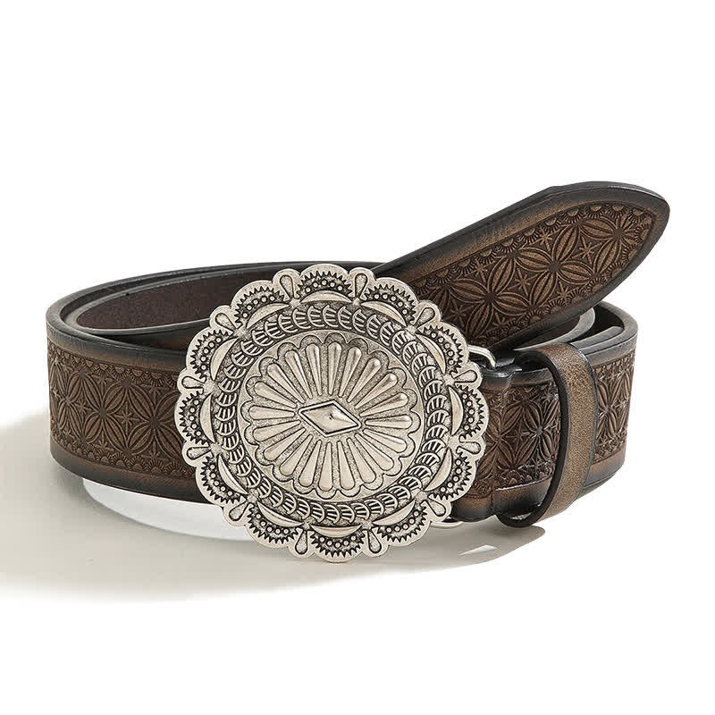 Western Carving Concho Buckle Embossed Leather Belt - Coffee - 40 - image 0