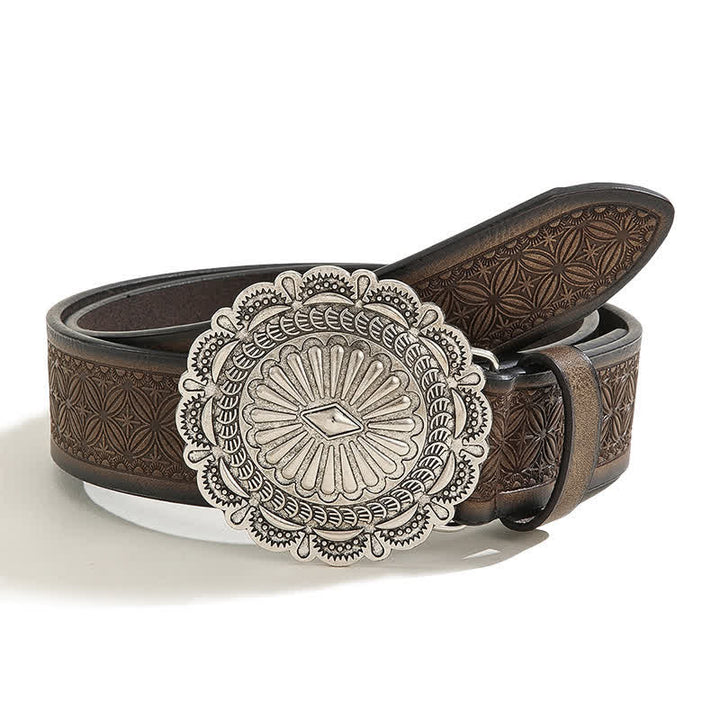 Western Carving Concho Buckle Embossed Leather Belt - Coffee - 40 - image 0