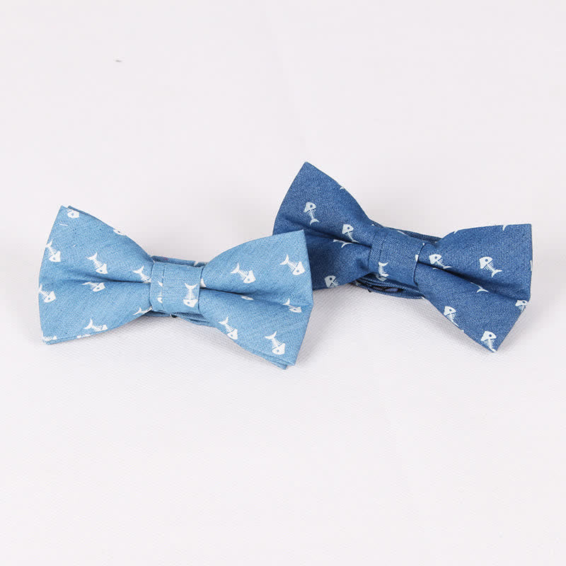 Men's British Style Blue Fish Bone Skull Print Cotton Bow Tie - image 1