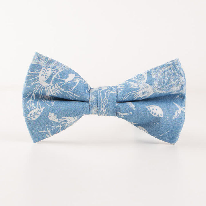 Men's British Style Blue Fish Bone Skull Print Cotton Bow Tie - Light Blue Flower - image 11