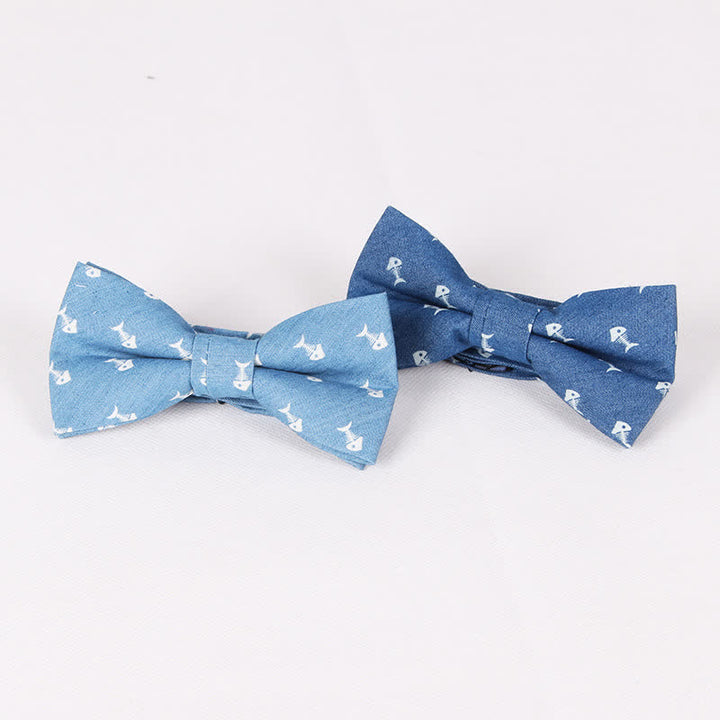 Men's British Style Blue Fish Bone Skull Print Cotton Bow Tie - image 1