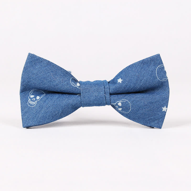 Men's British Style Blue Fish Bone Skull Print Cotton Bow Tie - Blue Skull - image 2