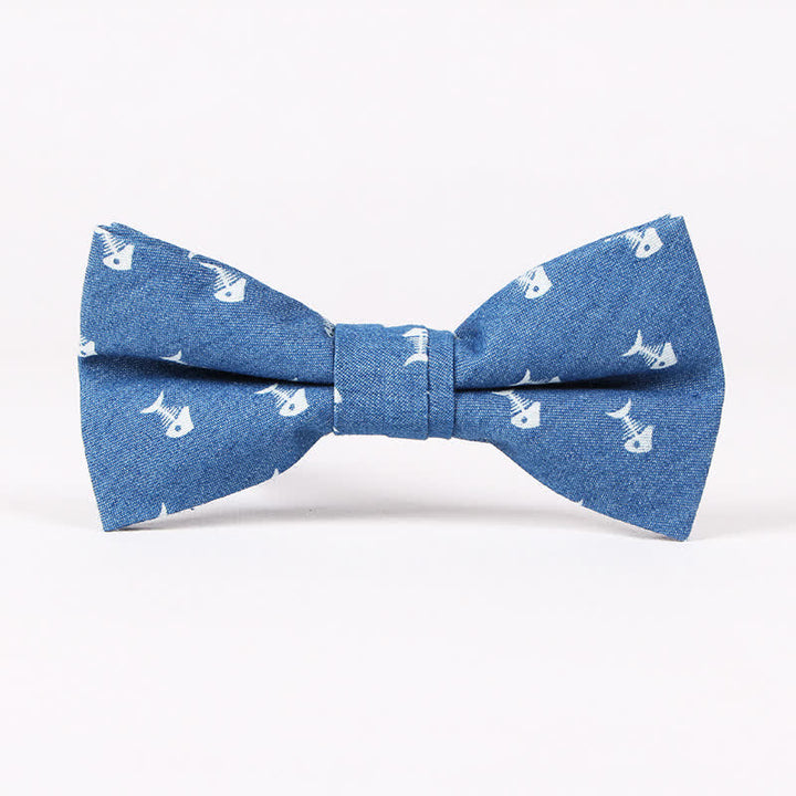 Men's British Style Blue Fish Bone Skull Print Cotton Bow Tie - Blue Fish Bone - image 7