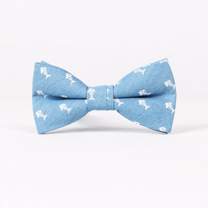 Men's British Style Blue Fish Bone Skull Print Cotton Bow Tie - Light Blue Fish Bone - image 8