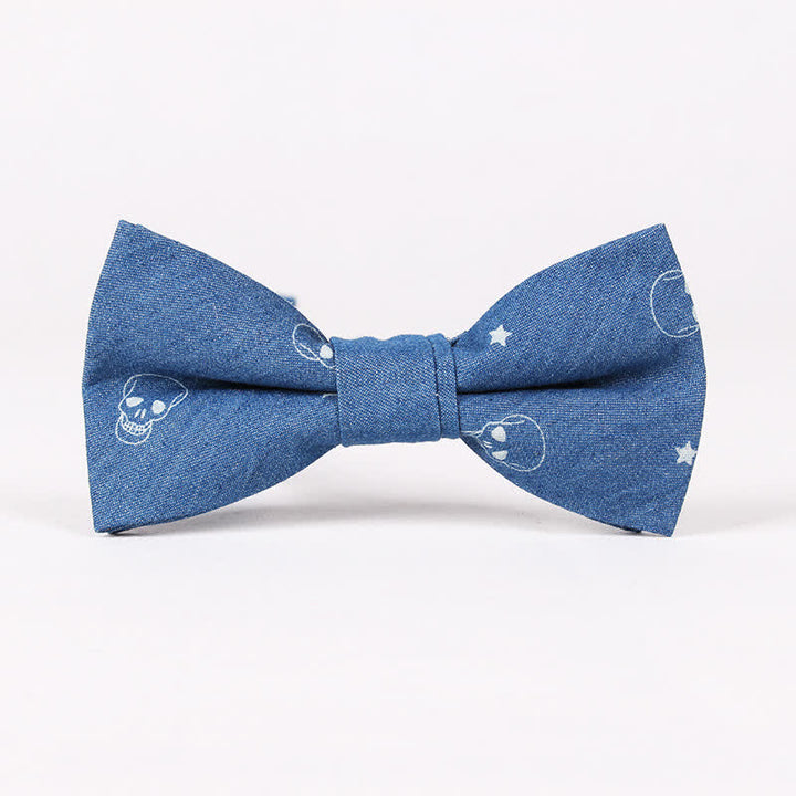 Men's British Style Blue Fish Bone Skull Print Cotton Bow Tie - Blue Skull - image 2