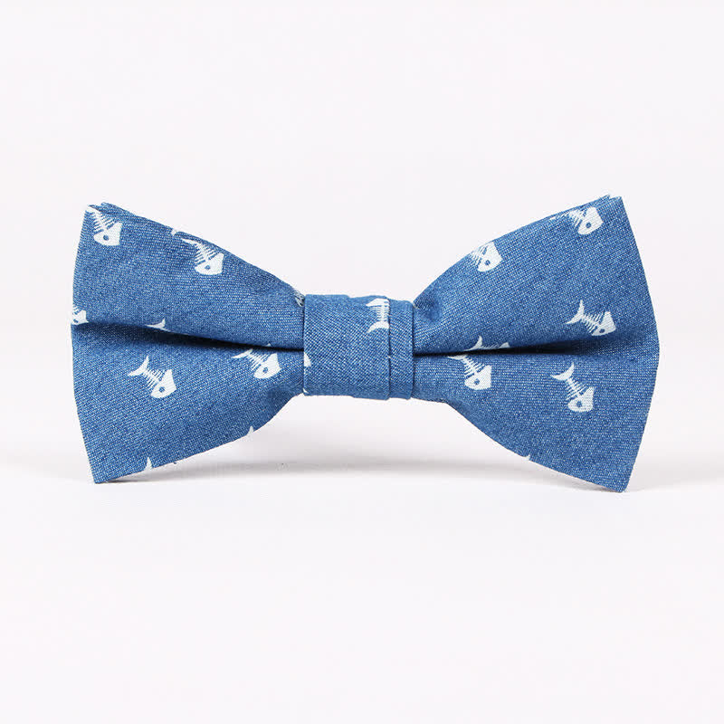 Men's British Style Blue Fish Bone Skull Print Cotton Bow Tie - Blue Fish Bone - image 7