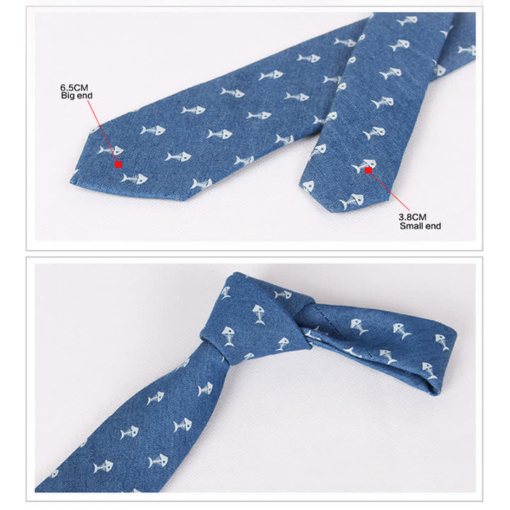 Men's British Style Blue Fish Bone Skull Print Cotton Necktie - image 10