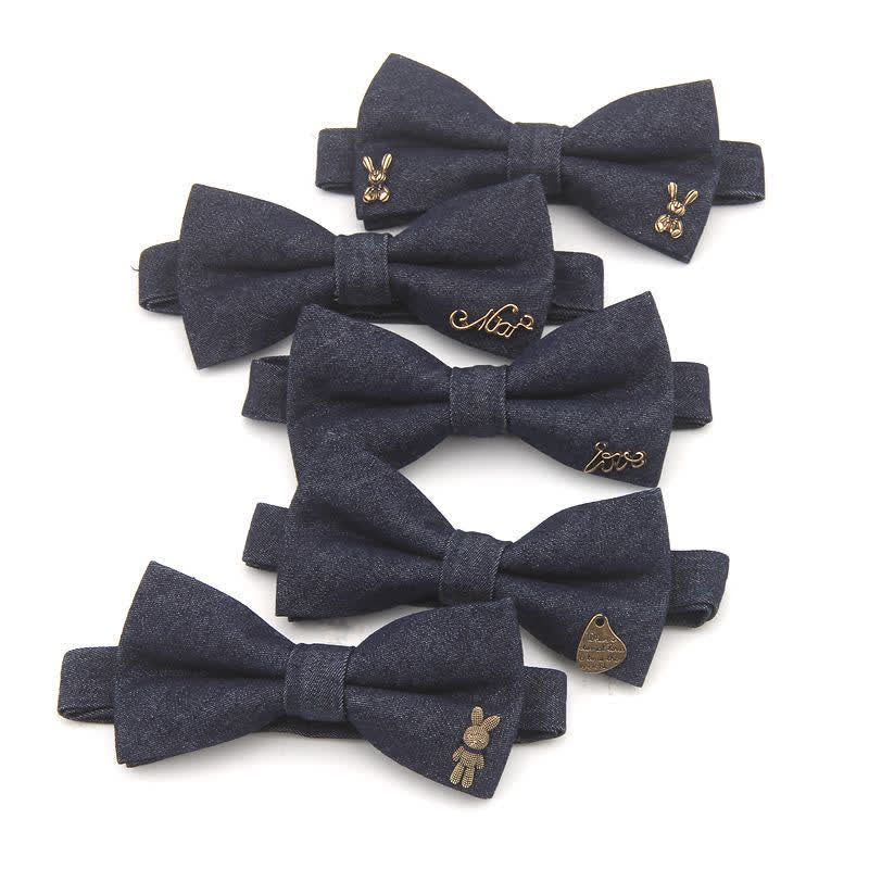 Men's Dark Navy Blue Metallic Decors Denim Cotton Bow Tie - image 0