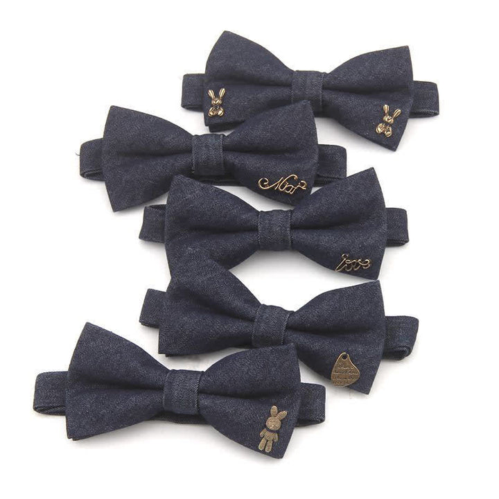 Men's Dark Navy Blue Metallic Decors Denim Cotton Bow Tie - image 0