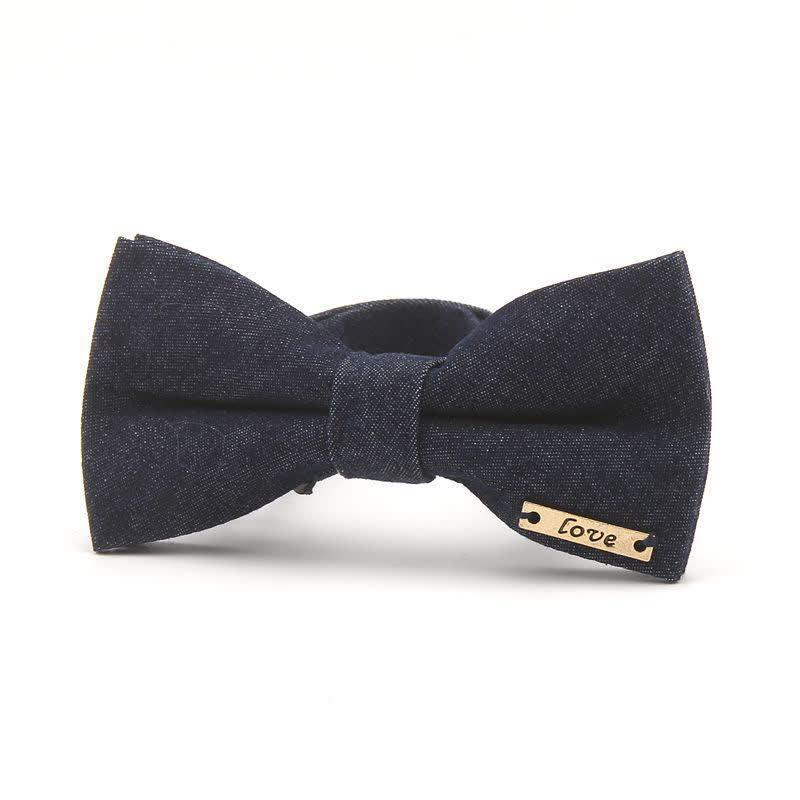 Men's Dark Navy Blue Metallic Decors Denim Cotton Bow Tie - Style #4 - image 5
