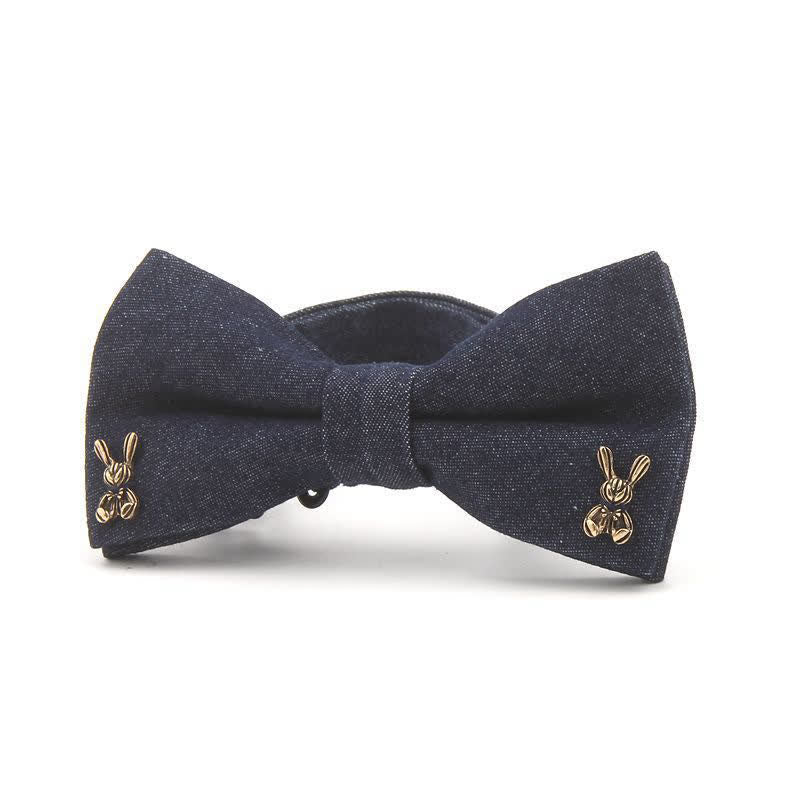 Men's Dark Navy Blue Metallic Decors Denim Cotton Bow Tie - Style #9 - image 10