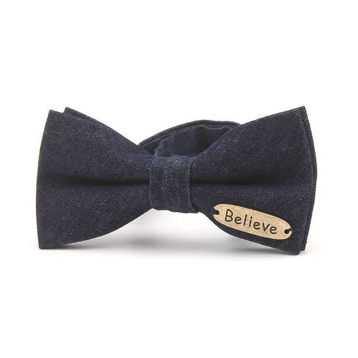 Men's Dark Navy Blue Metallic Decors Denim Cotton Bow Tie - Style #3 - image 4