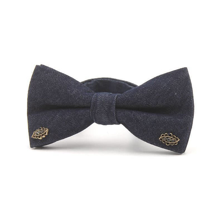 Men's Dark Navy Blue Metallic Decors Denim Cotton Bow Tie - Style #8 - image 9