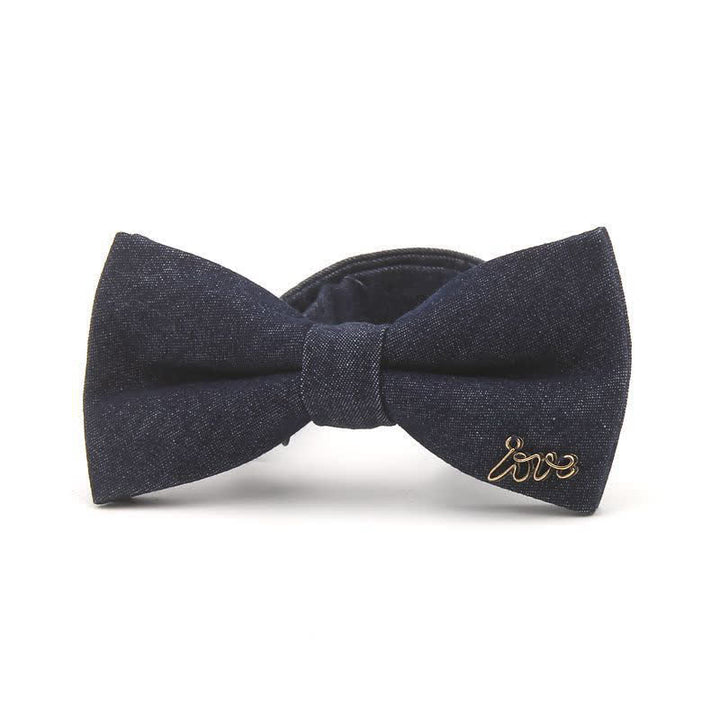 Men's Dark Navy Blue Metallic Decors Denim Cotton Bow Tie - Style #6 - image 7