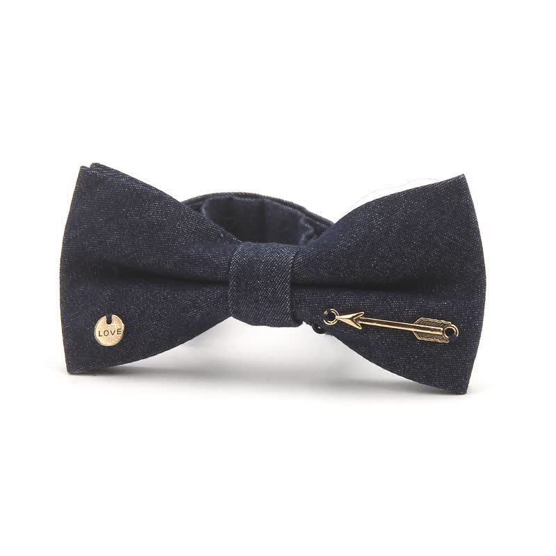 Men's Dark Navy Blue Metallic Decors Denim Cotton Bow Tie - Style #7 - image 8
