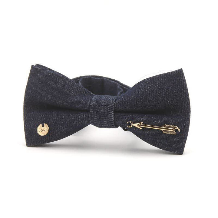 Men's Dark Navy Blue Metallic Decors Denim Cotton Bow Tie - Style #7 - image 8
