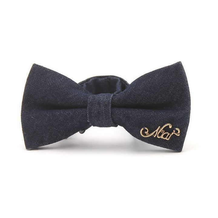 Men's Dark Navy Blue Metallic Decors Denim Cotton Bow Tie - Style #5 - image 6