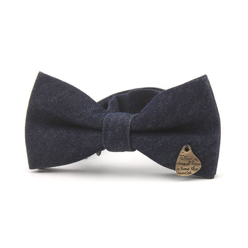 Men's Dark Navy Blue Metallic Decors Denim Cotton Bow Tie - Style #2 - image 3