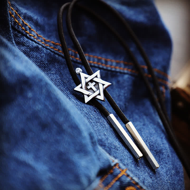 Lucky Charm Hexagram Star Bolo Tie - Rope - Small - image 1