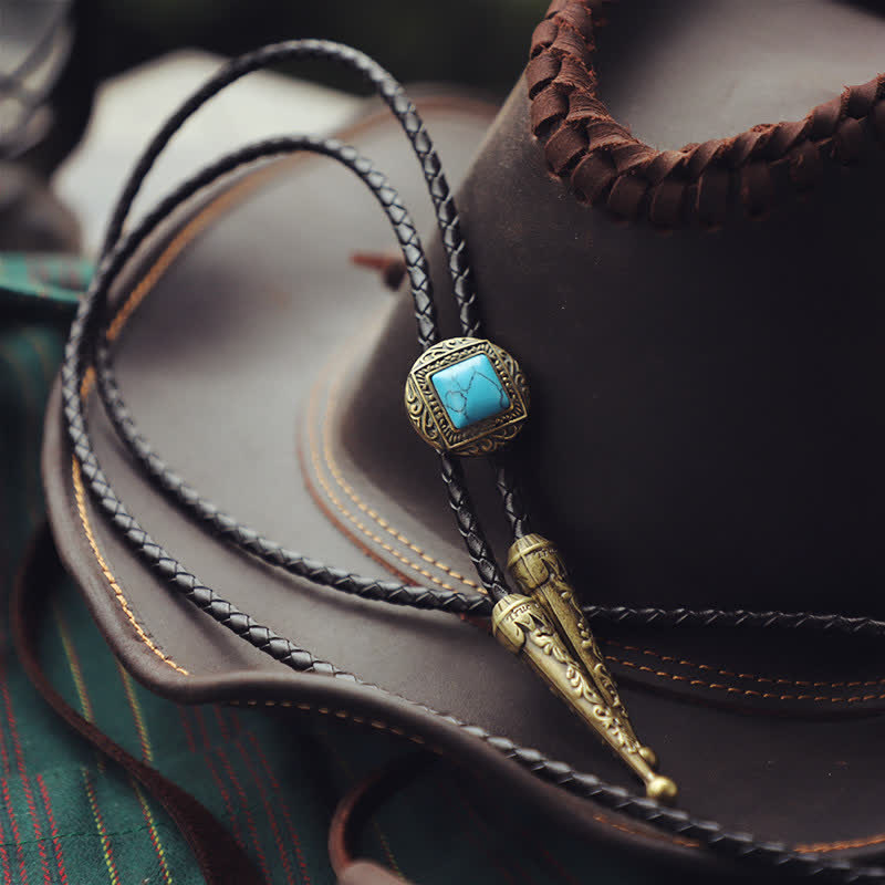 Copper Faux Turquoise Stone Bolo Tie - PU Leather - image 5