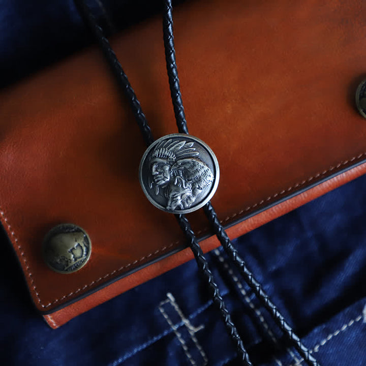 Cowboy Carving Indian Cheif Head Bolo Tie - Antique Silver - PU Leather - image 8
