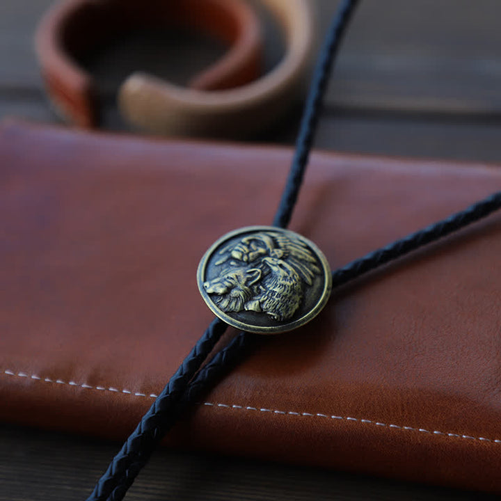 Cowboy Carving Indian Cheif Head Bolo Tie - Antique Gold - PU Leather - image 5