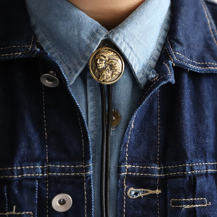 Cowboy Carving Indian Cheif Head Bolo Tie - Antique Gold - Rope - image 0