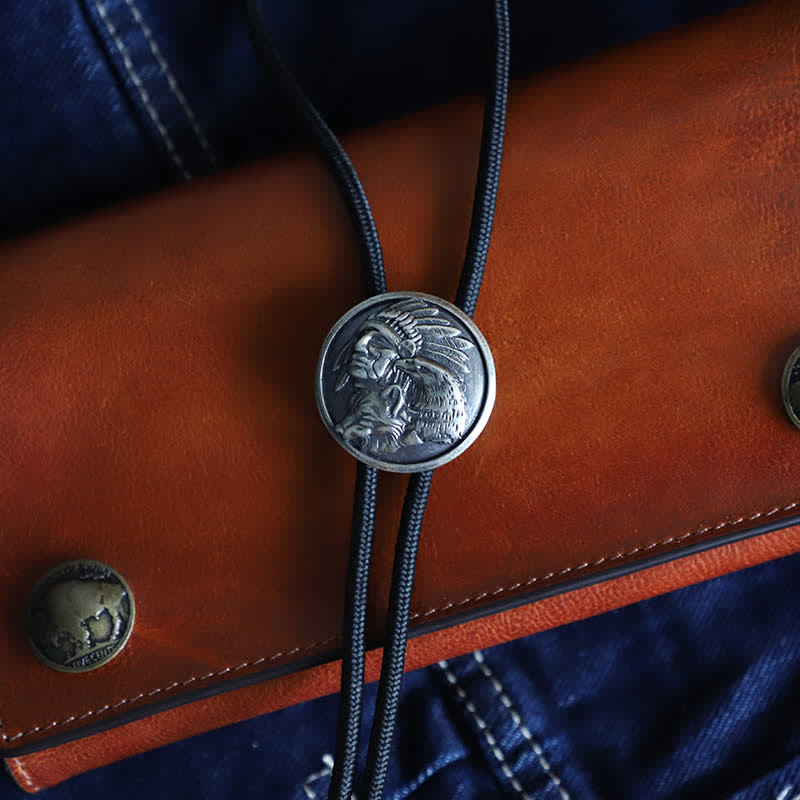 Cowboy Carving Indian Cheif Head Bolo Tie - Antique Silver - Rope - image 4