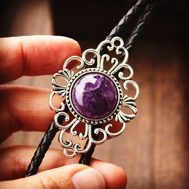Unique Art Stone Medallion Pendant Bolo Tie - Purple - PU Leather - image 7