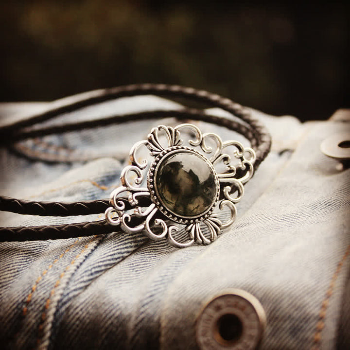 Unique Art Stone Medallion Pendant Bolo Tie - Black - PU Leather - image 2