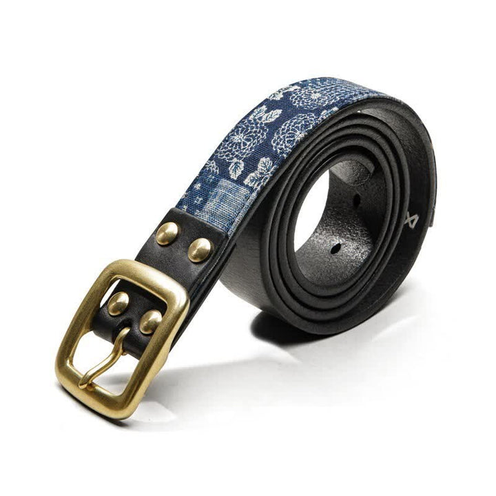 Men's Retro Ancient Floral Printed Cloth Leather Belt - image 8
