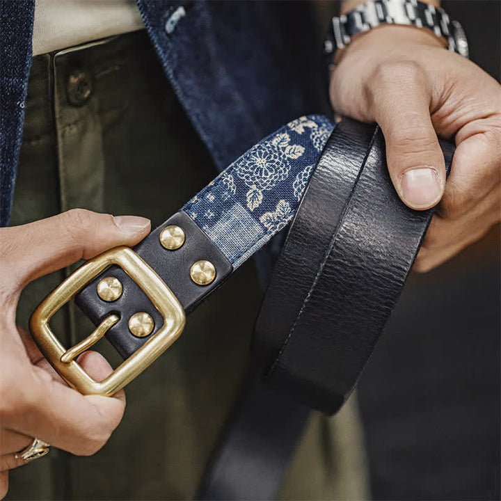 Men's Retro Ancient Floral Printed Cloth Leather Belt - image 5