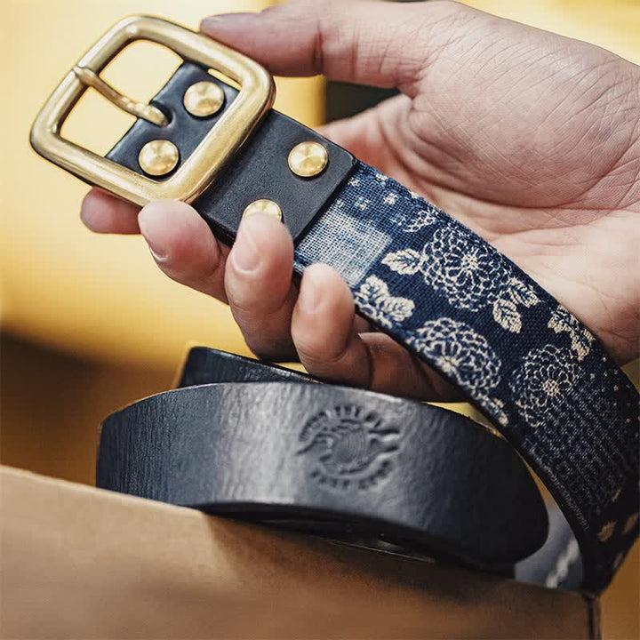 Men's Retro Ancient Floral Printed Cloth Leather Belt - Black - 38 - image 0