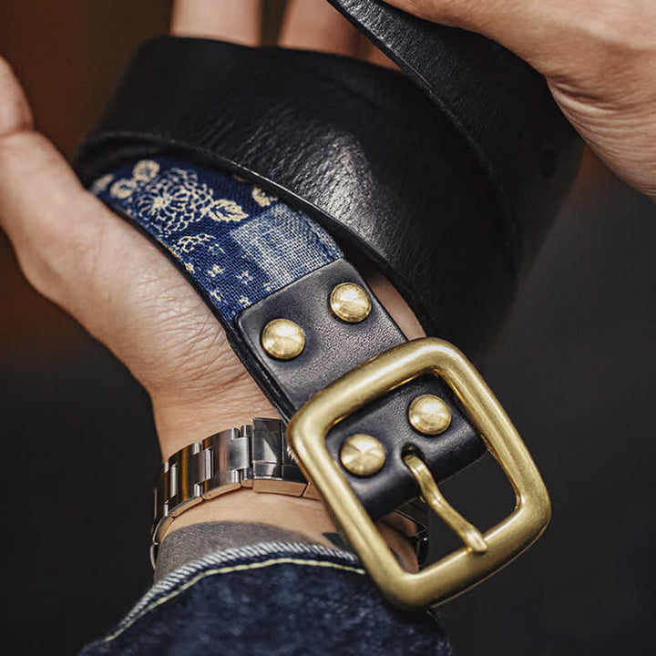 Men's Retro Ancient Floral Printed Cloth Leather Belt - image 6