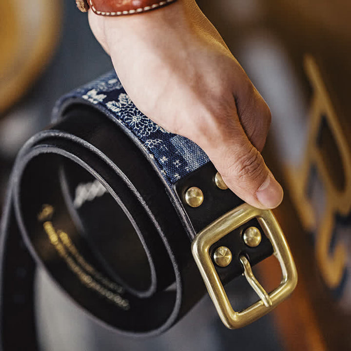 Men's Retro Ancient Floral Printed Cloth Leather Belt - image 2