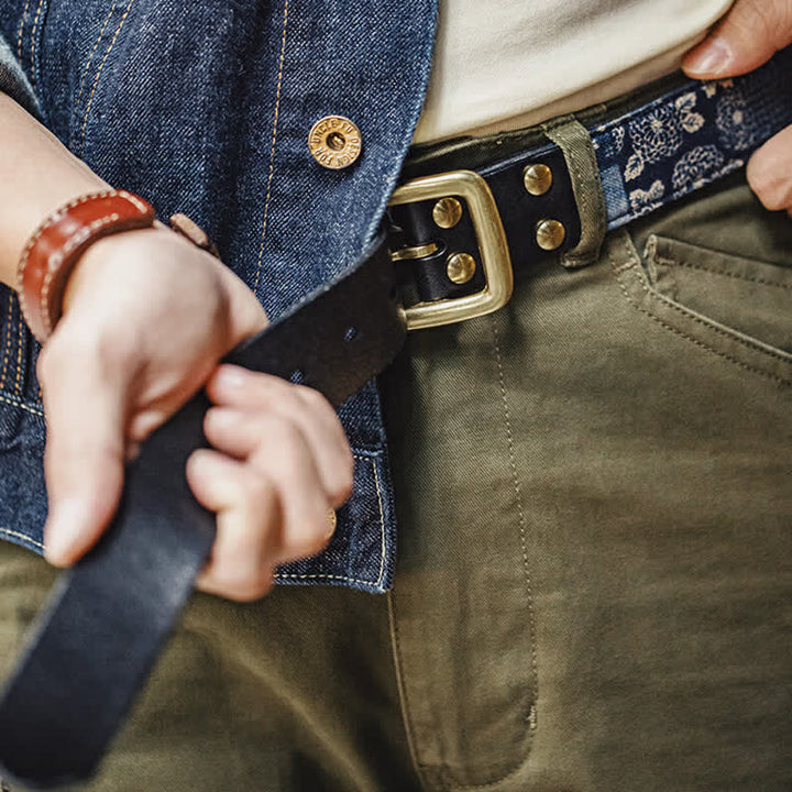 Men's Retro Ancient Floral Printed Cloth Leather Belt - image 3