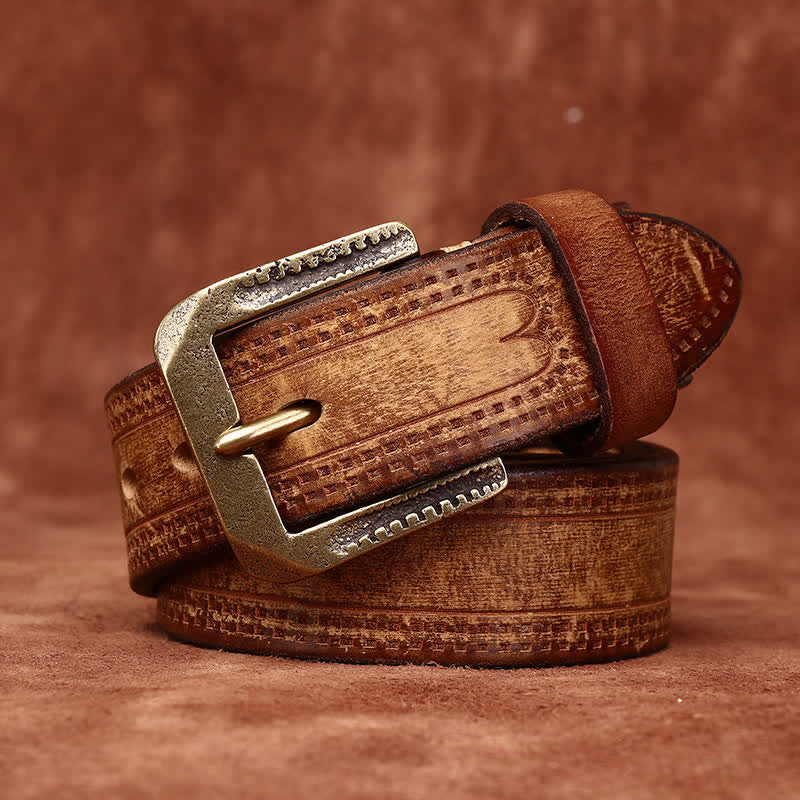 Men's Retro Distressed Casual Jean Leather Belt - Yellowish-Brown - 46 - image 0