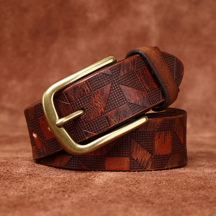 Men's Laser Engraving Diamond Pattern Leather Belt - Yellowish-Brown - 46 - image 0