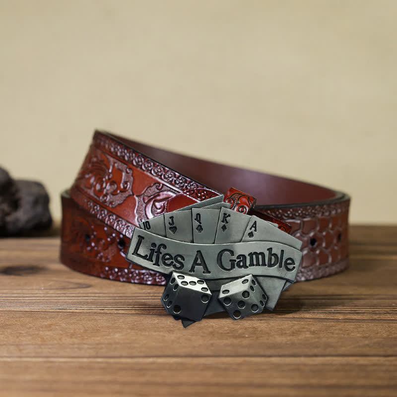 Men's DIY Life's A Gamble Poker Buckle Leather Belt - Poker - Brown Carved Belt (40) - image 8