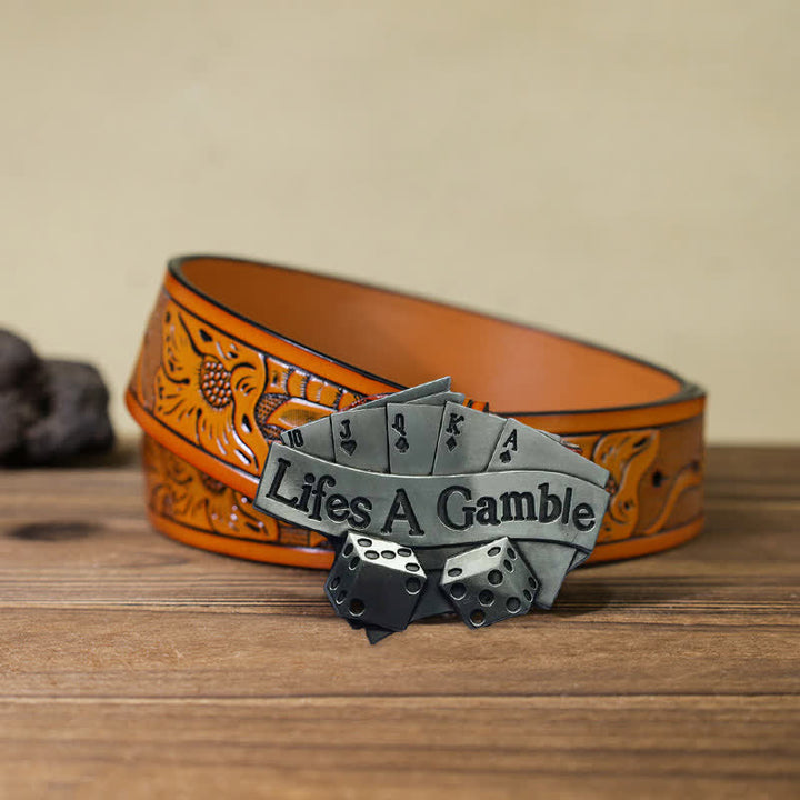 Men's DIY Life's A Gamble Poker Buckle Leather Belt - Poker - Orange Carved Belt (40) - image 10