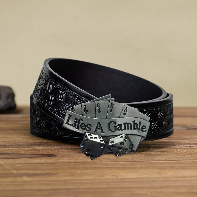 Men's DIY Life's A Gamble Poker Buckle Leather Belt - Poker - Black Embossed Weave Belt (38) - image 6