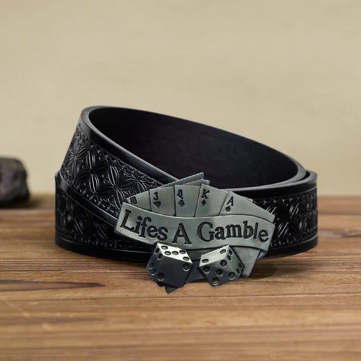 Men's DIY Life's A Gamble Poker Buckle Leather Belt - Poker - Black Embossed Weave Belt (38) - image 6