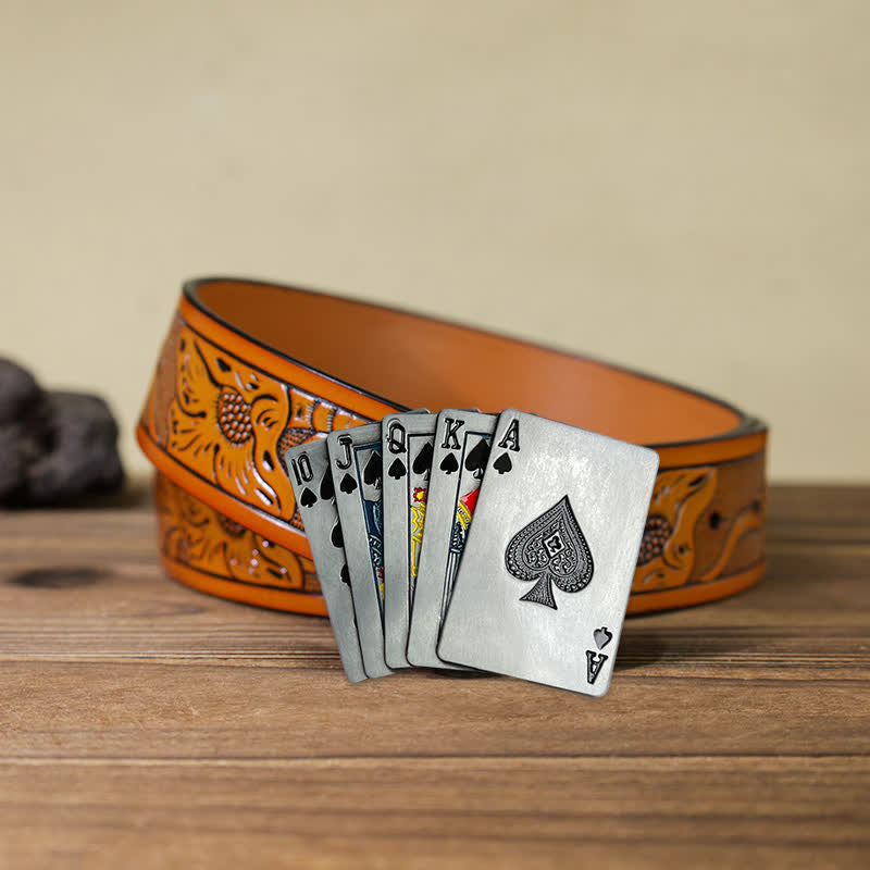 Men's DIY Casino Game Poker Buckle Leather Belt - Poker - Orange Carved Belt (40) - image 9