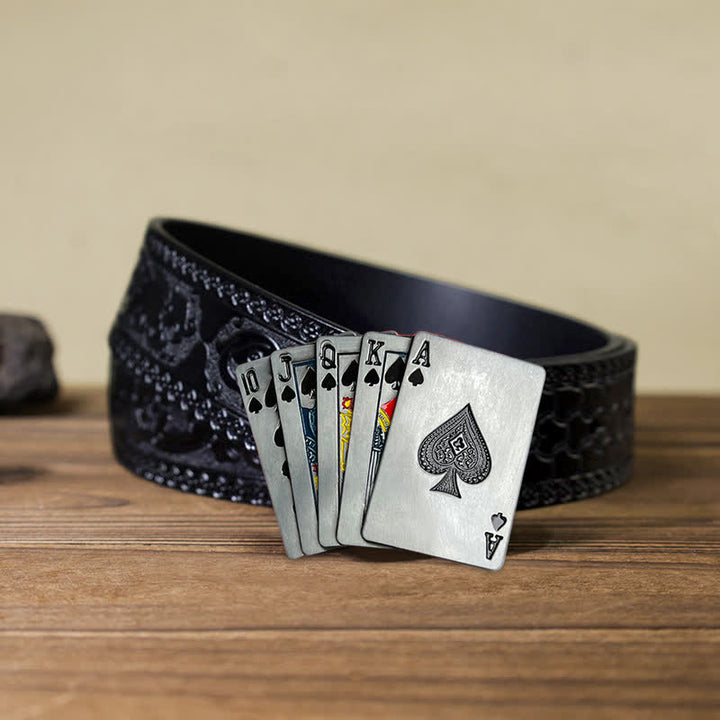 Men's DIY Casino Game Poker Buckle Leather Belt - Poker - Black Carved Belt (40) - image 6